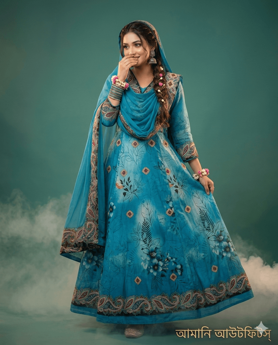 এক্সক্লুসিভ স্কাই ব্লু পেইজলি প্রিন্টেড থ্রি-পিচ 